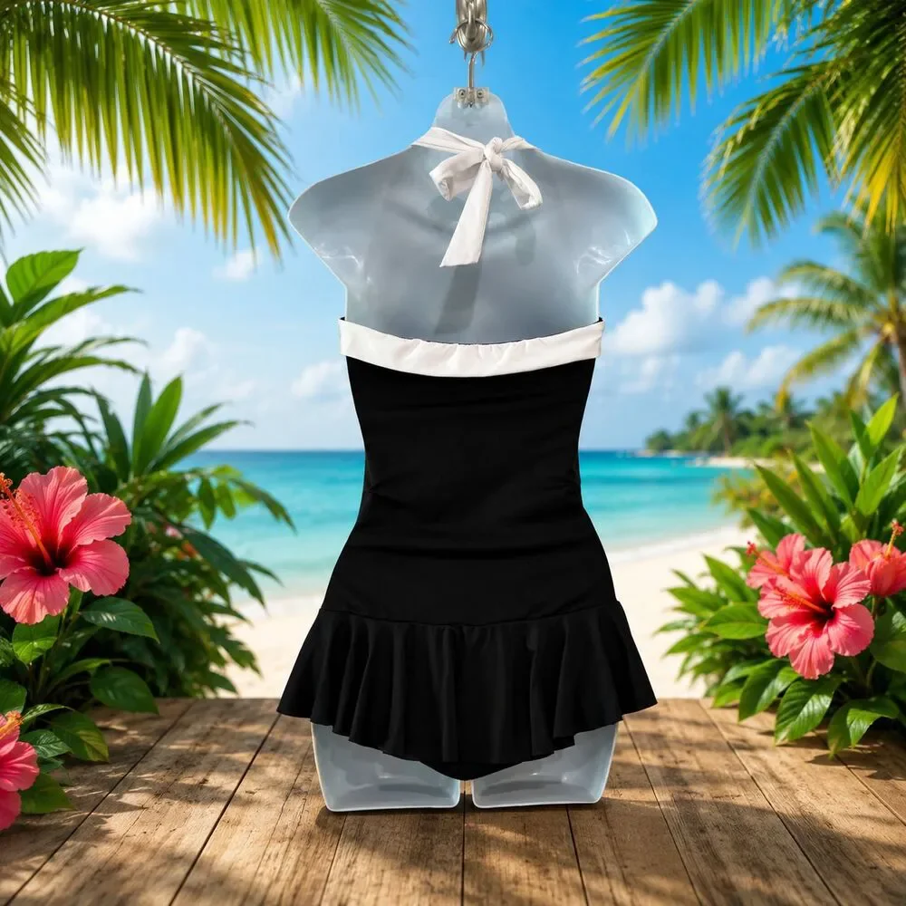 Lauren Ralph Lauren One Piece Swimsuit Halter Ruffle Skirt Size 10 Black & White - Picture 2 of 9